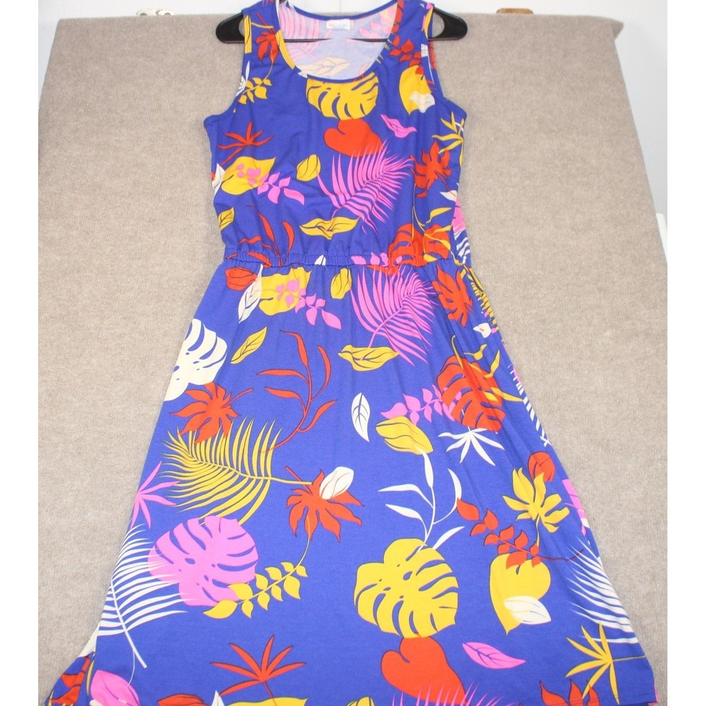 LuLaRoe Maria Maxi Dress XL Blue Tropical Leaf Print Sleeveless Elastic Waist